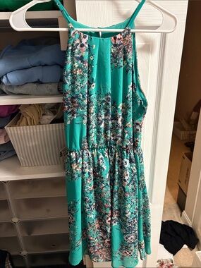 Iz Byer Teal Floral Halter Mini Dress